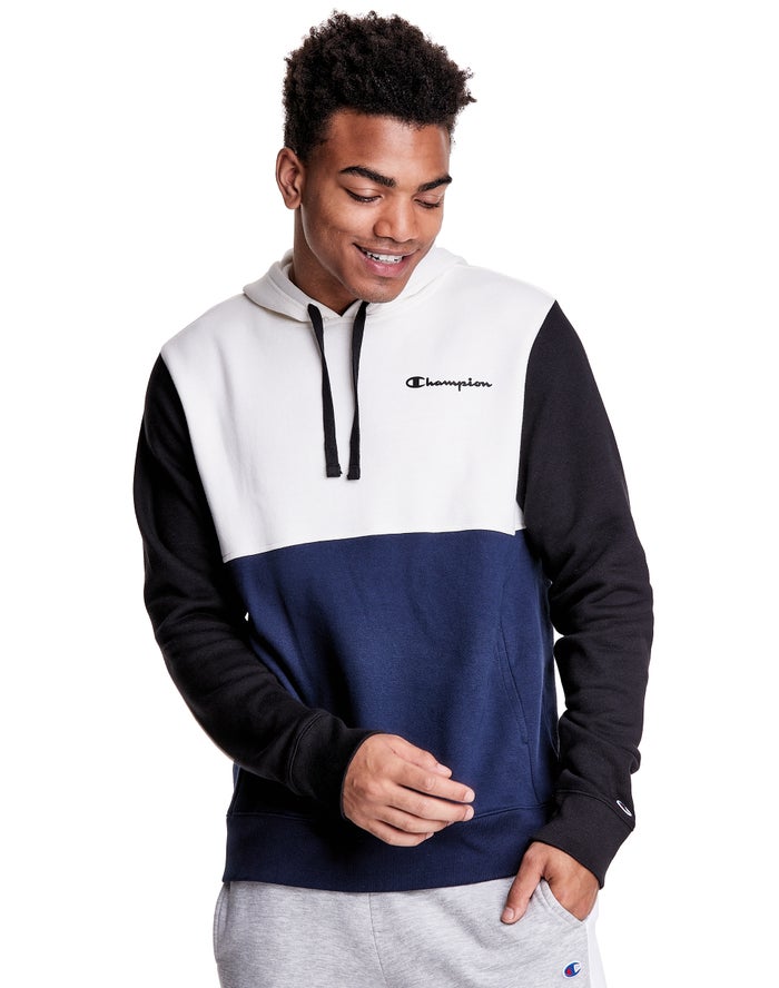 Champion Herre Hættetrøje Hvide/Mørkeblå - Colorblock Fleece - Danmark LQM-035286